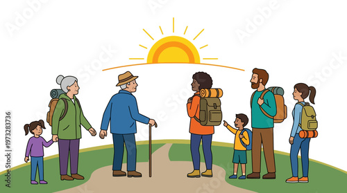 Diverse Multi-generational Group of People Hiking Together at Sunrise Vector Illustration. Concept for Family Adventure, Active Lifestyle, and Inclusive Outdoor Travel.