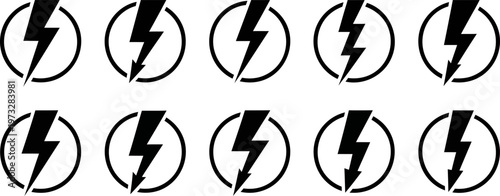 A graphic compilation of ten identical black lightning bolt symbols, each enclosed in a circle. These icons represent energy, electricity, and power, suitable for use in digital media, presentations, 