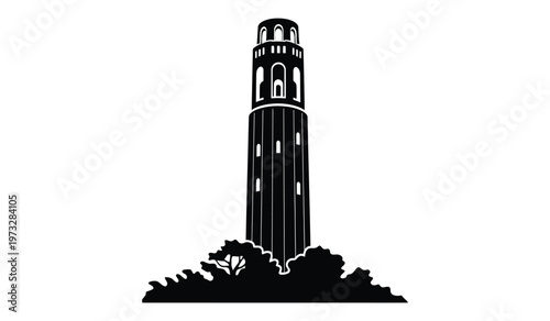 A striking black and white illustration depicts sather tower at the university of california berkeley standing prominently against a white backdrop high quality professional