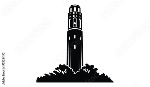A striking black and white illustration depicts sather tower at the university of california berkeley framed by lush greenery high quality professional detailed modern