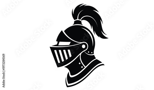 A striking black and white silhouette depicts a medieval knight s helmet showcasing detailed armor plating and a flowing hair plume high quality professional