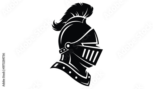 A striking black and white illustration showcases a medieval knight s helmet in profile detailing ornate metalwork and a classic design high quality professional