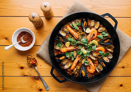 Delicious seafood paella with shrimp mussels and rice in pan