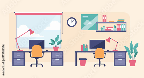 Modern Office Desks with Computers and Plants 4.