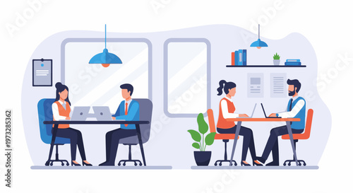 Two business meetings happening simultaneously in an office setting.