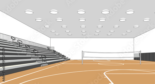 A spacious indoor gymnasium displays a volleyball net positioned over a polished wooden floor with empty spectator bleachers under bright circular ceiling lamps.