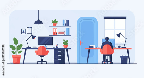 Modern Office Interior with Two Workstations and Employees.