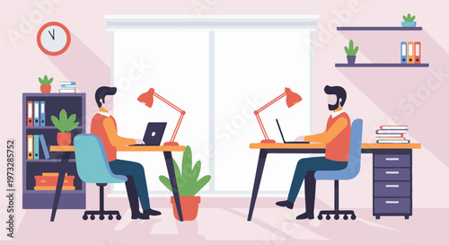 Two men working on laptops at desks in an office setting 1.