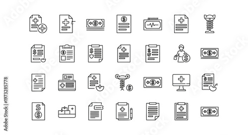 Modern line icons representing medical healthcare, finance, insurance, patient records, and administration for digital business applications and web interfaces