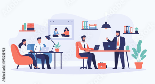 Business meeting in modern office with video conference.