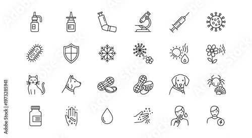 A comprehensive collection of linear vector icons illustrating various aspects of allergies, immune responses, common allergens, symptoms, and related medical treatments for health awareness