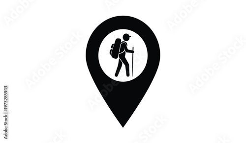 A simple black icon depicts a hiker with a backpack and walking stick contained within a location pin shape high quality professional detailed modern
