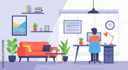 Person working diligently at a computer desk in a home office setting.