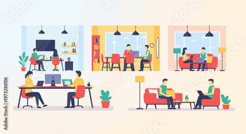 Diverse Office and Home Workspaces with People Collaborating and Working.
