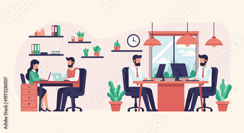 Office workers collaborating and interviewing in modern workspace.