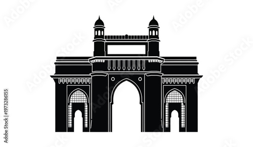 A stark black and white silhouette depicts the iconic gateway of india showcasing its symmetrical arches and detailed architectural features high quality professional modern