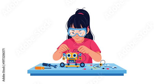 A focused young girl wearing protective blue safety goggles carefully connects intricate electrical wires to a small yellow robot on a bright blue table.