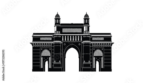 A striking black and white silhouette depicts the gateway of india a monumental arch in mumbai india showcasing its intricate architectural details high quality