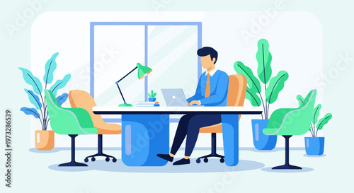 Man working on laptop at office desk surrounded by plants.