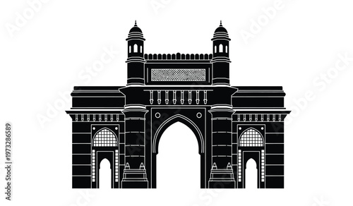 A striking black and white illustration depicts the gate of india a monumental arch in mumbai showcasing its intricate architectural details high quality professional
