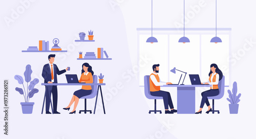 Two scenes of people working in modern office environments 1.