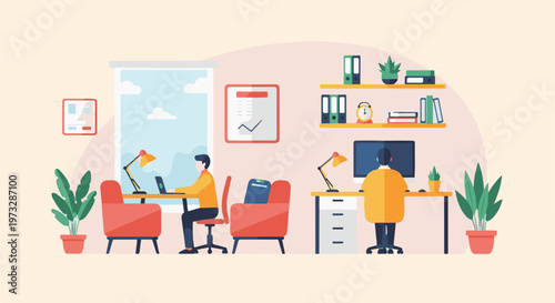 Two people working in a modern home office setup.