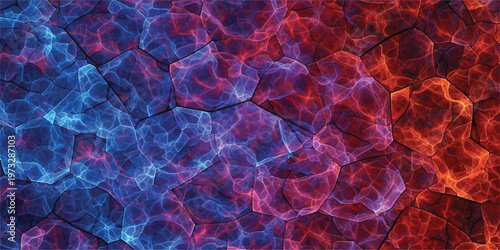 Dynamic abstract background with fractured polygons glowing with a blue to red plasma texture, creating a captivating and energetic mosaic.