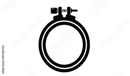 A simple black and white illustration depicts a circular embroidery hoop with a tightening screw mechanism at the top high quality professional detailed modern