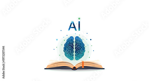 An illuminated blue brain and the letters AI float majestically above an open hardcover book featuring a vibrant orange bookmark on a white background.