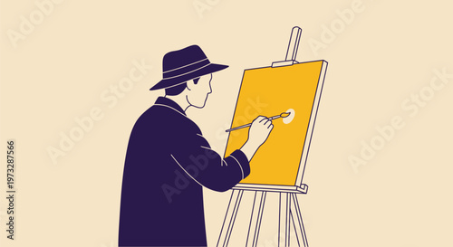 Artist in a hat painting on an easel with a brush.