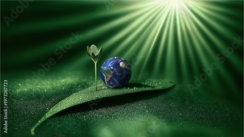 Earth on a leaf with a sprout under light rays