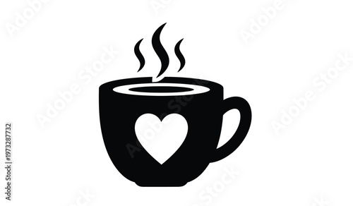 A minimalistic black silhouette depicts a steaming coffee cup with a heart shaped design adorning its front suggesting warmth and affection high quality professional