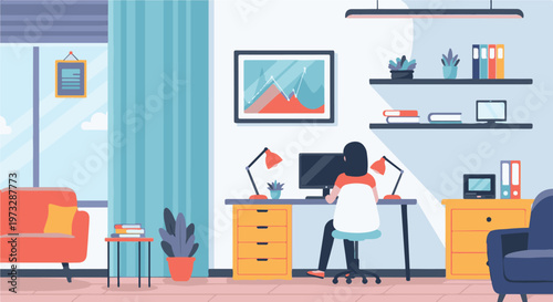 Woman working at desk in home office.