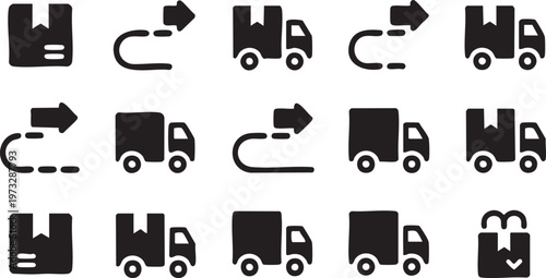 A set of black vector graphic icons depicting delivery trucks and packages with arrows indicating transportation and shipping.