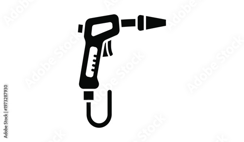 A simple black silhouette depicts a pneumatic spray gun featuring a trigger nozzle and connected air hose high quality professional detailed modern elegant stylish