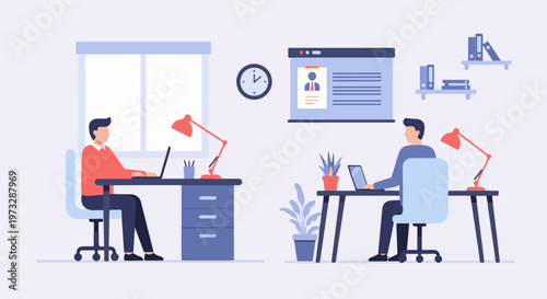 Two men working on laptops in modern office spaces 1.