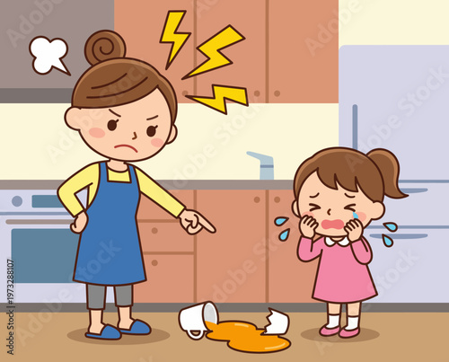 In this vibrant illustration, a mother expresses frustration towards her child in a kitchen setting, encapsulating the dynamics of parenting and emotional communication.