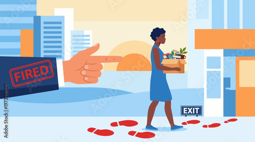 An illustration of a demotivated employee leaving an office with personal belongings symbolizes the emotional impacts of job loss and the challenges of transitions in life.