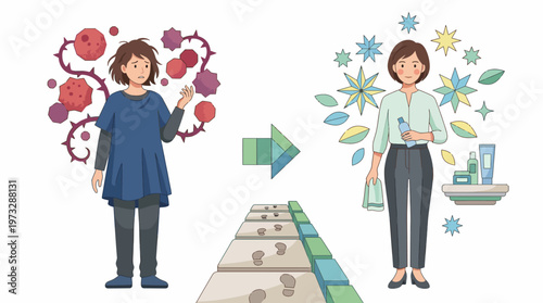 This image illustrates the transformation from unhealthy habits to a glowing, healthy lifestyle with skincare and wellness products around a vibrant individual.