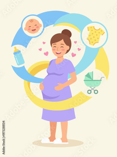 This charming illustration depicts a pregnant woman radiating joy while surrounded by baby essentials, symbolizing new beginnings and the journey of motherhood.