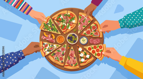 This colorful image shows a delicious spread of pizzas with various toppings, emphasizing friendship and sharing delicious moments around food.