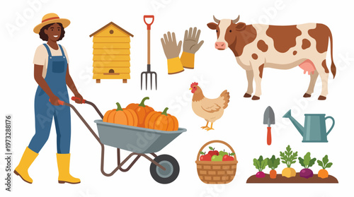 This vibrant illustration shows a farmer tending to her vegetables and animals, embodying the beauty and richness of farm life and sustainable living.