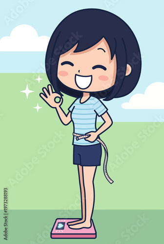 A cheerful illustration of a girl standing proudly on a scale with a measuring tape, celebrating personal health achievements and body positivity.