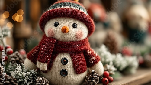 Snowman decoration on a wooden table in winter setting