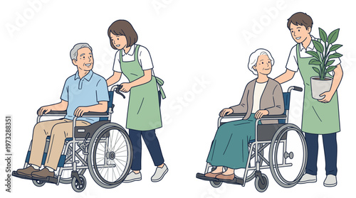 Two caregivers help elderly individuals in wheelchairs, fostering compassion and support, showcasing the importance of care for the elderly and human connectivity in healthcare.