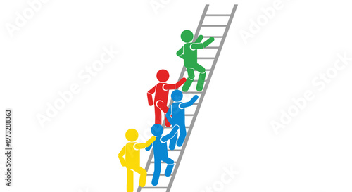 Colorful stick figures climbing a ladder representing teamwork and progress.