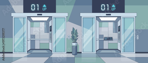 A modern elevator lobby featuring two elevators, sleek design, and a touch of greenery, representing innovation and convenience in urban architecture and building design.