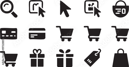 Various ecommerce icons including shopping carts, gift boxes, and payment symbols in a vector graphic illustration for business and online store use