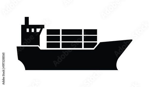 A stark black and white silhouette depicts a large container ship showcasing its rectangular cargo holds and streamlined hull design high quality professional detailed