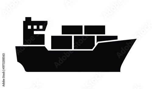 A stark black silhouette depicts a large container ship showcasing stacked cargo holds and a prominent bridge structure representing global trade high quality professional